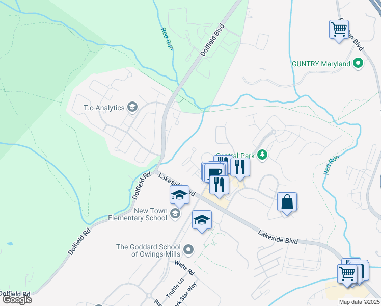 map of restaurants, bars, coffee shops, grocery stores, and more near 5105 Wagon Shed Circle in Owings Mills