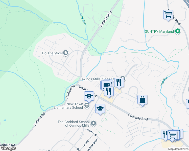 map of restaurants, bars, coffee shops, grocery stores, and more near 5031 Triplett Road in Owings Mills