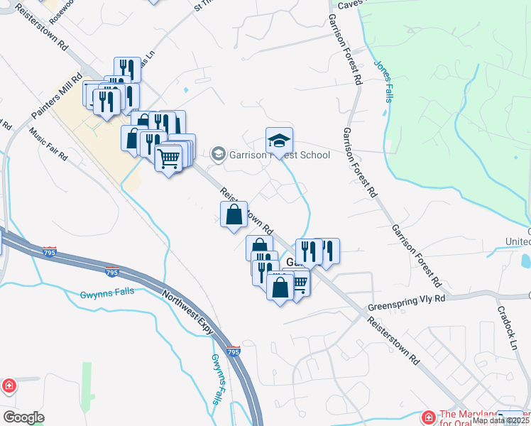 map of restaurants, bars, coffee shops, grocery stores, and more near 9801 Reisterstown Road in Owings Mills