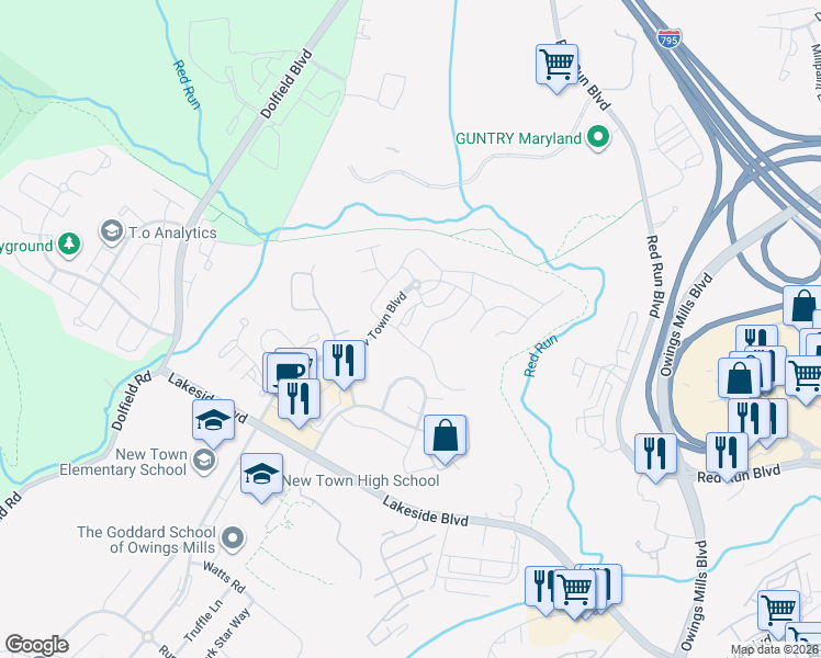 map of restaurants, bars, coffee shops, grocery stores, and more near 9 Hawk Rise Lane in Owings Mills