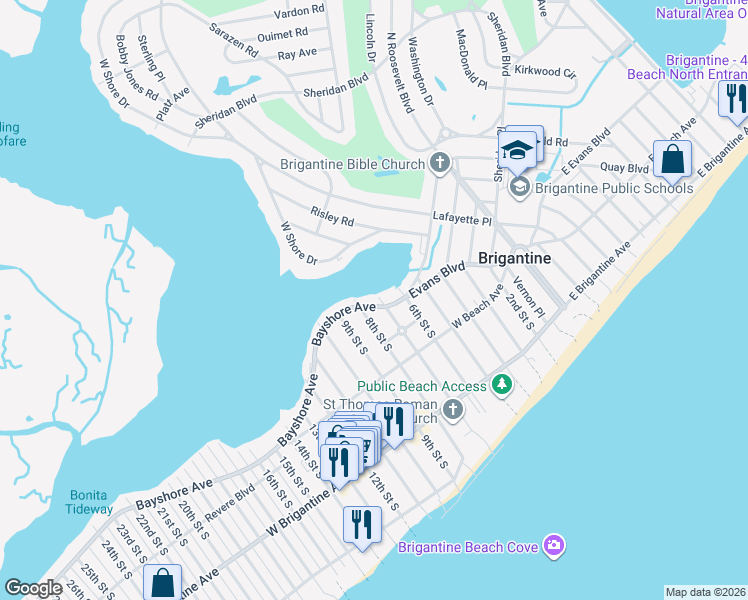 map of restaurants, bars, coffee shops, grocery stores, and more near 717 Bayshore Avenue in Brigantine