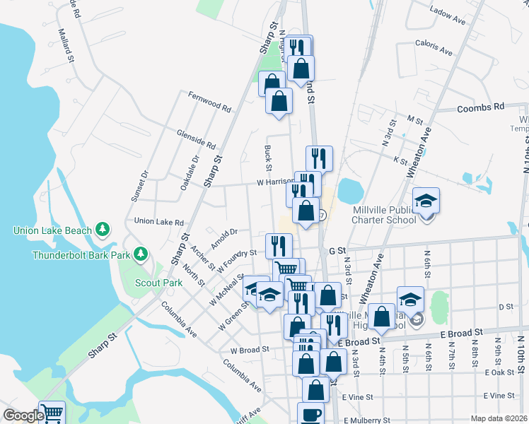 map of restaurants, bars, coffee shops, grocery stores, and more near 1020 Buck Street in Millville