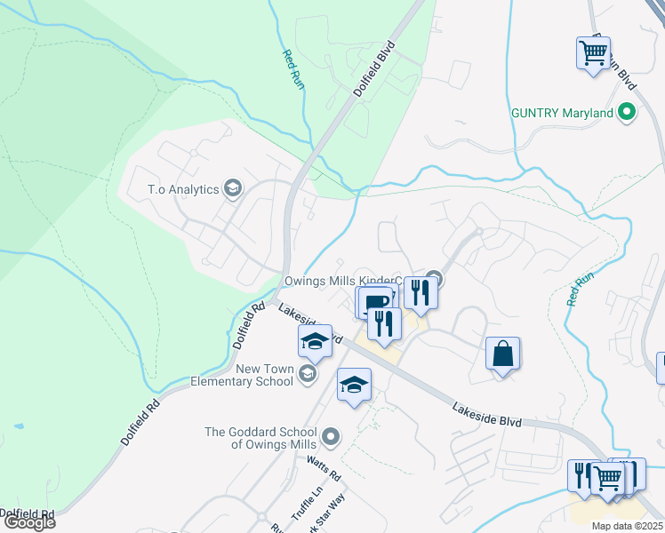 map of restaurants, bars, coffee shops, grocery stores, and more near 5031 Triplett Road in Owings Mills
