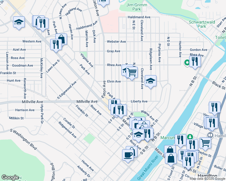 map of restaurants, bars, coffee shops, grocery stores, and more near 126 Sherman Avenue in Hamilton