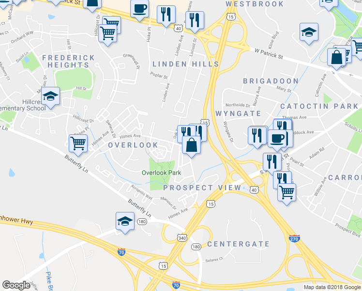 map of restaurants, bars, coffee shops, grocery stores, and more near 607 Himes Avenue in Frederick