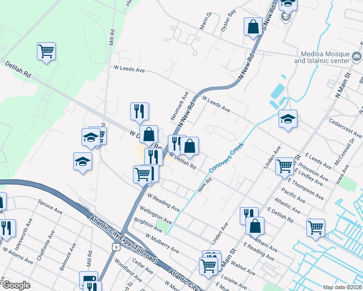 map of restaurants, bars, coffee shops, grocery stores, and more near 212 Sassafras Run in Pleasantville