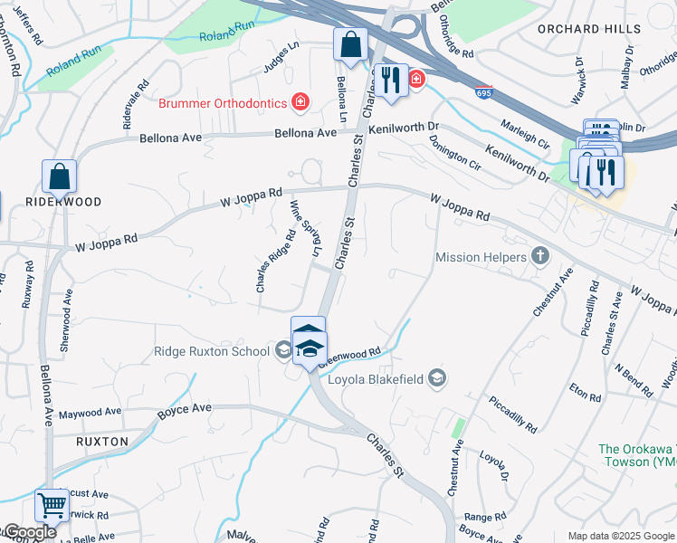 map of restaurants, bars, coffee shops, grocery stores, and more near 7001 Charles Street in Towson