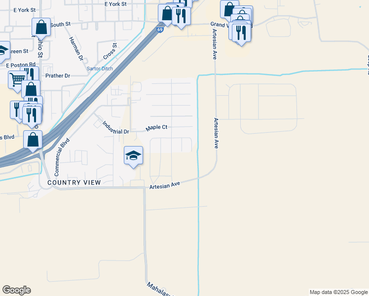 map of restaurants, bars, coffee shops, grocery stores, and more near 1419 Miami Lane in Martinsville