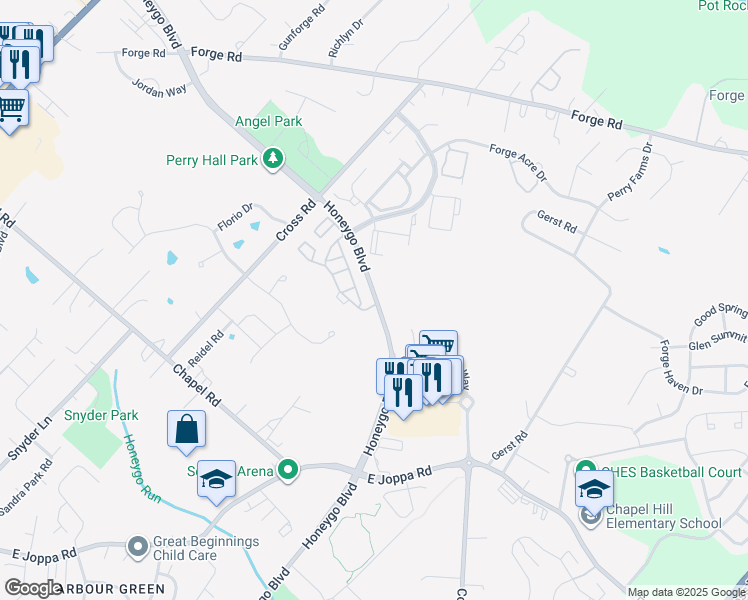 map of restaurants, bars, coffee shops, grocery stores, and more near 9685 Honeygo Boulevard in Perry Hall