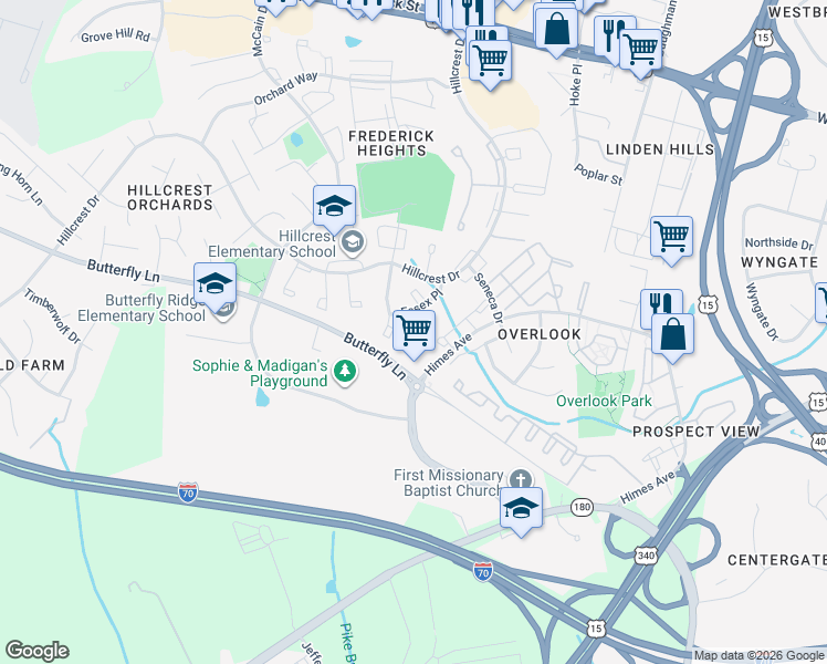 map of restaurants, bars, coffee shops, grocery stores, and more near 588 Cotswold Court in Frederick