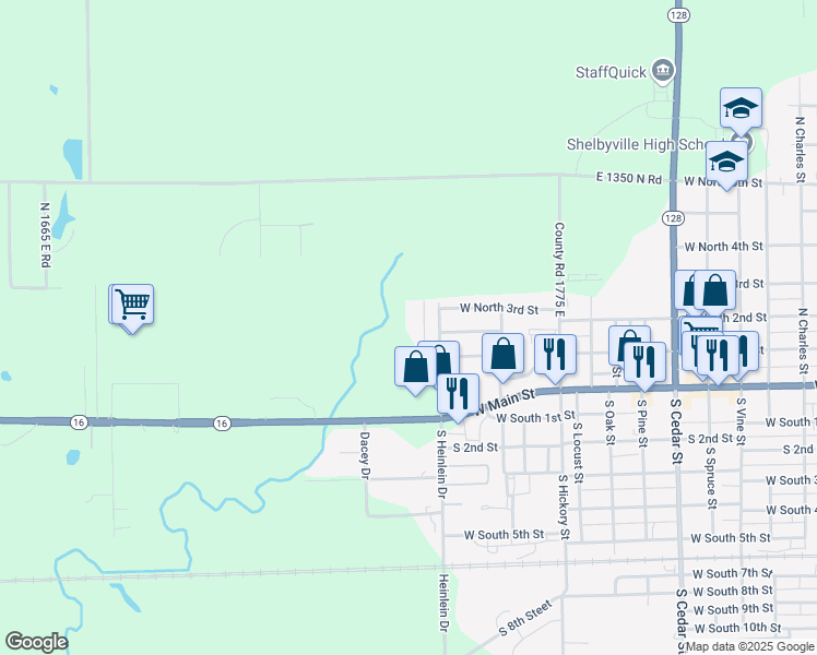 map of restaurants, bars, coffee shops, grocery stores, and more near 220 Meadow View Court in Shelbyville