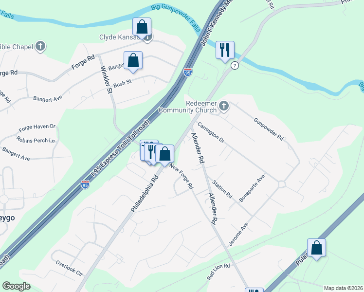 map of restaurants, bars, coffee shops, grocery stores, and more near 11619 Philadelphia Road in White Marsh