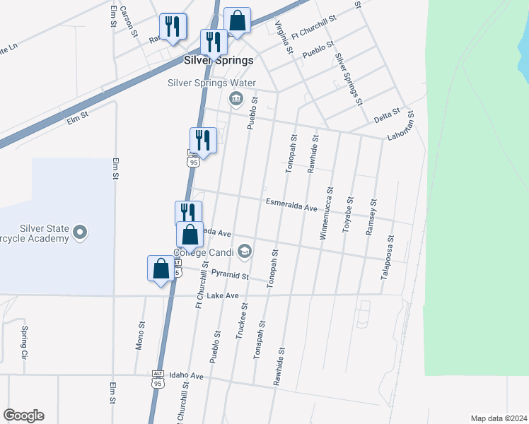 map of restaurants, bars, coffee shops, grocery stores, and more near 2770 Truckee Street in Silver Springs