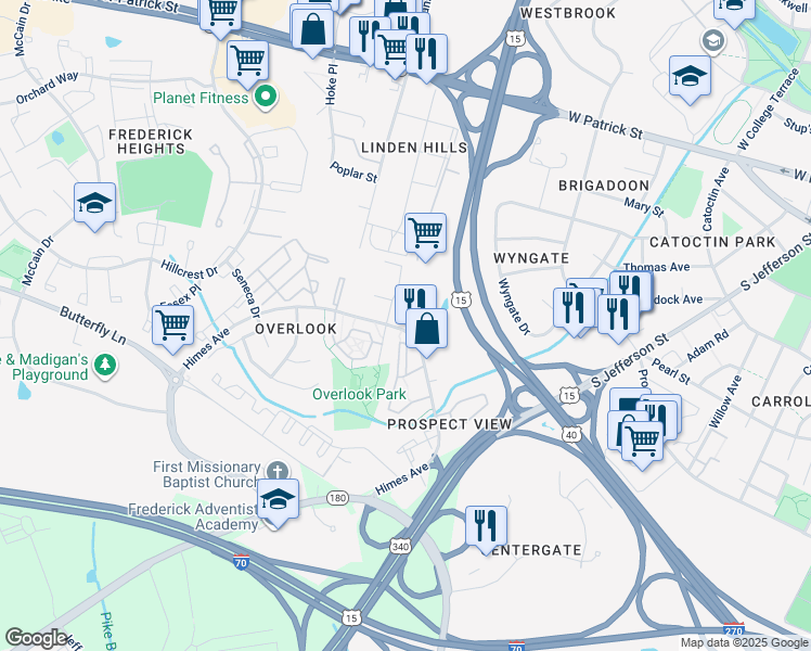 map of restaurants, bars, coffee shops, grocery stores, and more near 607 Himes Avenue in Frederick