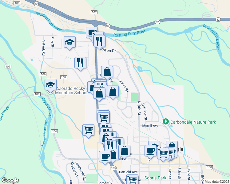 map of restaurants, bars, coffee shops, grocery stores, and more near 1091 Village Rd in Carbondale