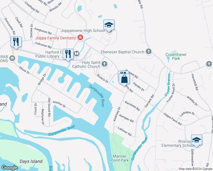 map of restaurants, bars, coffee shops, grocery stores, and more near 520 Riviera Drive in Harford County