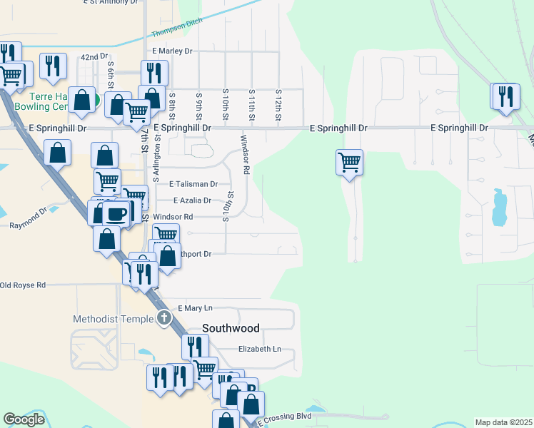 map of restaurants, bars, coffee shops, grocery stores, and more near 4860 Pine Ridge Court in Terre Haute