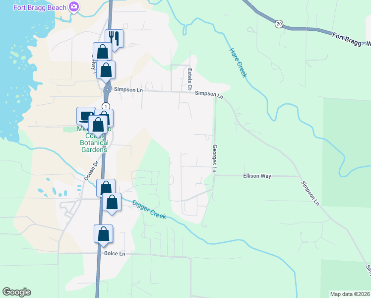 map of restaurants, bars, coffee shops, grocery stores, and more near 18221 Oklahoma Lane in Fort Bragg