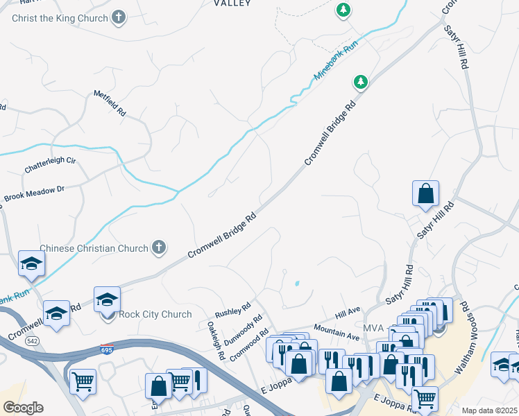 map of restaurants, bars, coffee shops, grocery stores, and more near 2002 Cromwell Bridge Road in Parkville