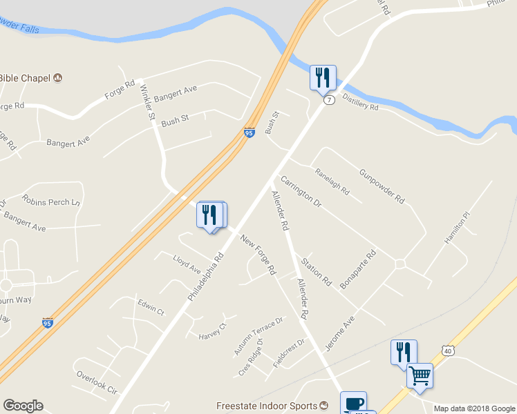 map of restaurants, bars, coffee shops, grocery stores, and more near 11619 Philadelphia Road in White Marsh