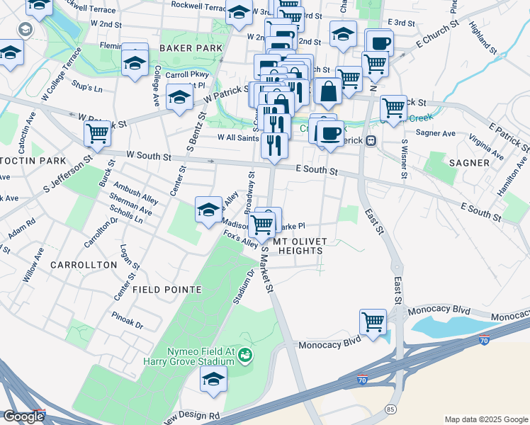 map of restaurants, bars, coffee shops, grocery stores, and more near 329 South Market Street in Frederick