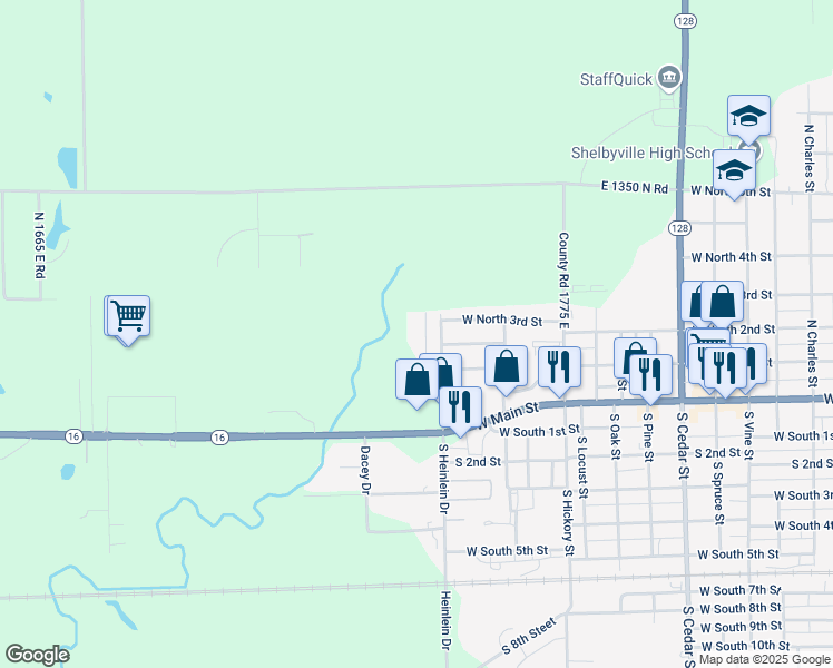 map of restaurants, bars, coffee shops, grocery stores, and more near 220 Meadow View Court in Shelbyville