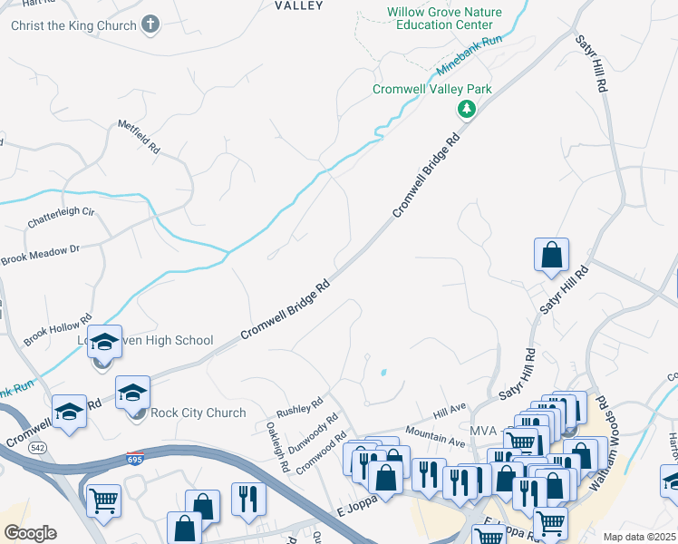 map of restaurants, bars, coffee shops, grocery stores, and more near Cromwell Bridge Road in Baltimore County