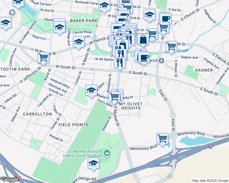 map of restaurants, bars, coffee shops, grocery stores, and more near 329 South Market Street in Frederick