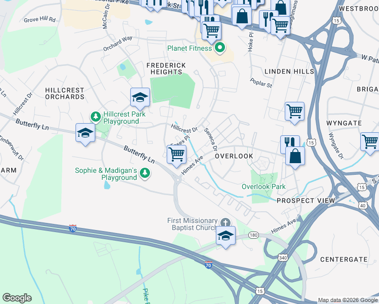 map of restaurants, bars, coffee shops, grocery stores, and more near 615 Himes Avenue in Frederick