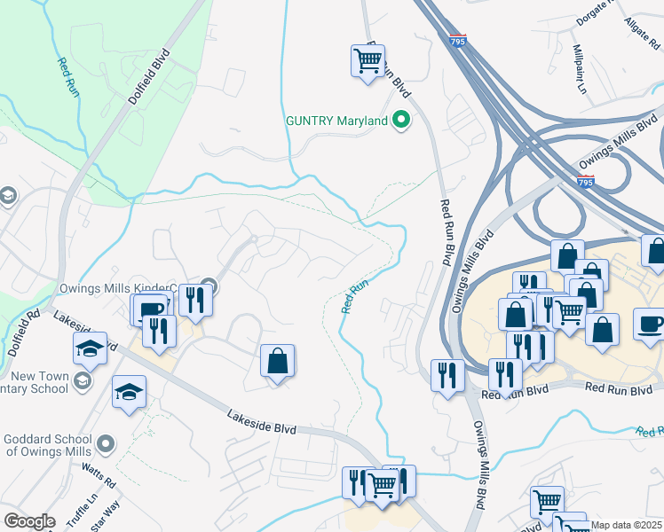 map of restaurants, bars, coffee shops, grocery stores, and more near 215 Oliver Heights Road in Owings Mills