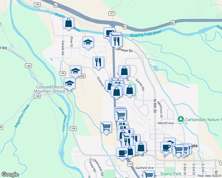 map of restaurants, bars, coffee shops, grocery stores, and more near 525 Colorado 133 in Carbondale