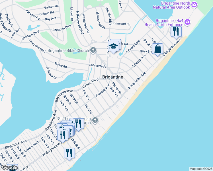 map of restaurants, bars, coffee shops, grocery stores, and more near 203 West Beach Avenue in Brigantine