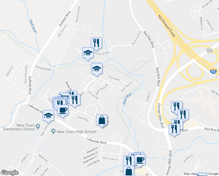 map of restaurants, bars, coffee shops, grocery stores, and more near 118 Oliver Heights Road in Owings Mills