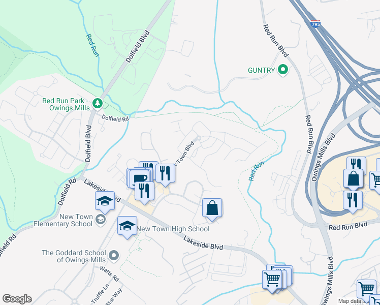 map of restaurants, bars, coffee shops, grocery stores, and more near 12 Hawk Rise Lane in Owings Mills