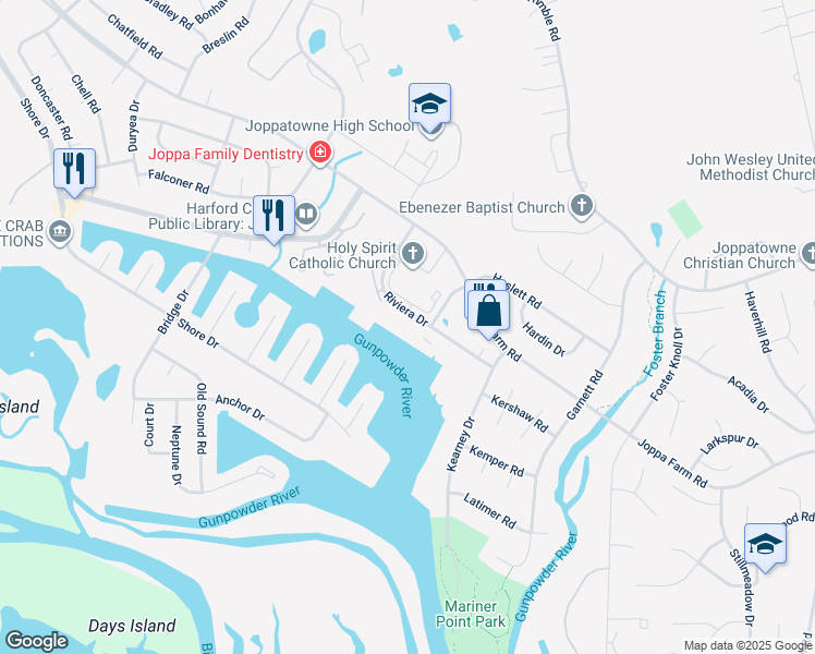map of restaurants, bars, coffee shops, grocery stores, and more near 536 Riviera Drive in Harford County