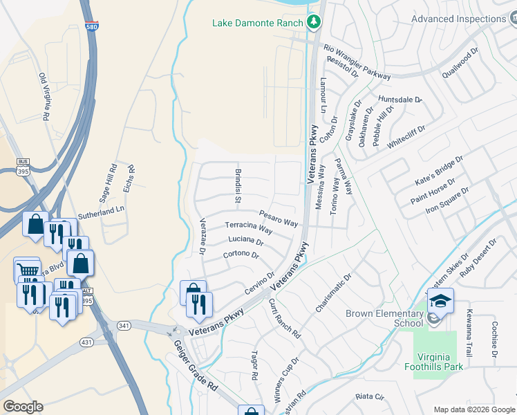 map of restaurants, bars, coffee shops, grocery stores, and more near 455 Pesaro Way in Reno