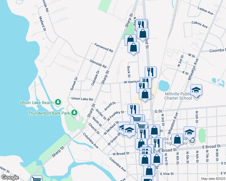 map of restaurants, bars, coffee shops, grocery stores, and more near 3 Morningside Drive in Millville