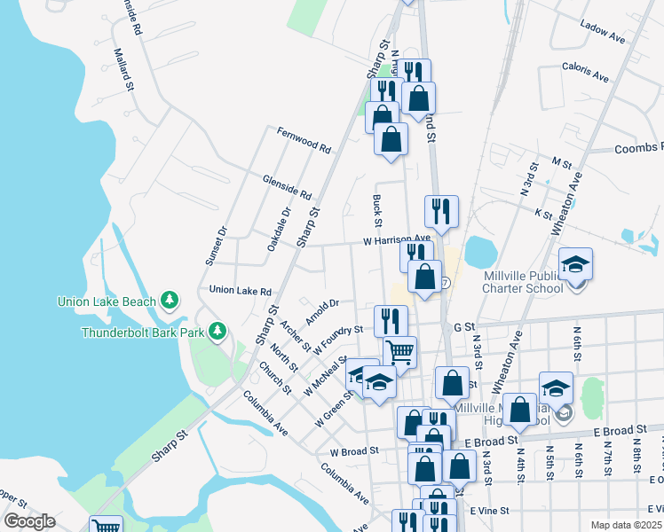 map of restaurants, bars, coffee shops, grocery stores, and more near 3 Morningside Drive in Millville