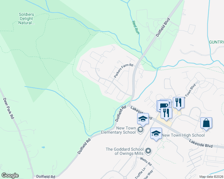 map of restaurants, bars, coffee shops, grocery stores, and more near 4717 Wainwright Circle in Owings Mills