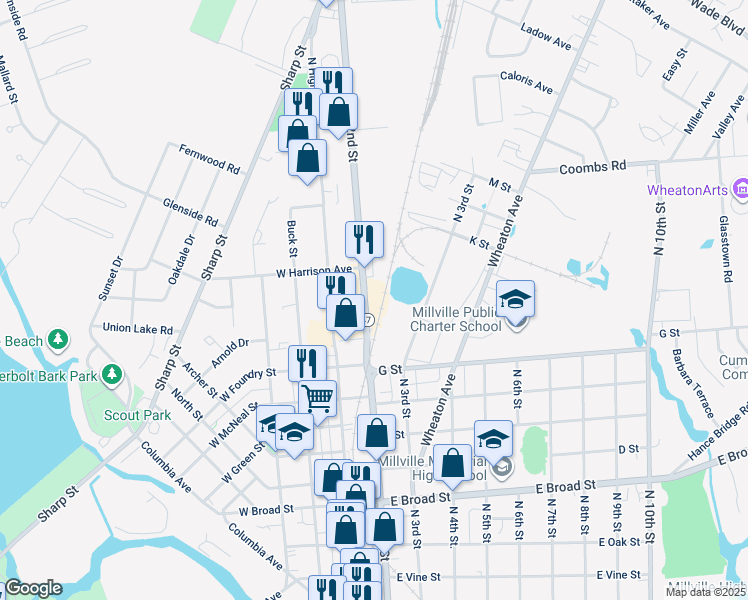 map of restaurants, bars, coffee shops, grocery stores, and more near 1101 North 2nd Street in Millville