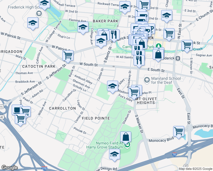 map of restaurants, bars, coffee shops, grocery stores, and more near 200 Madison Street in Frederick