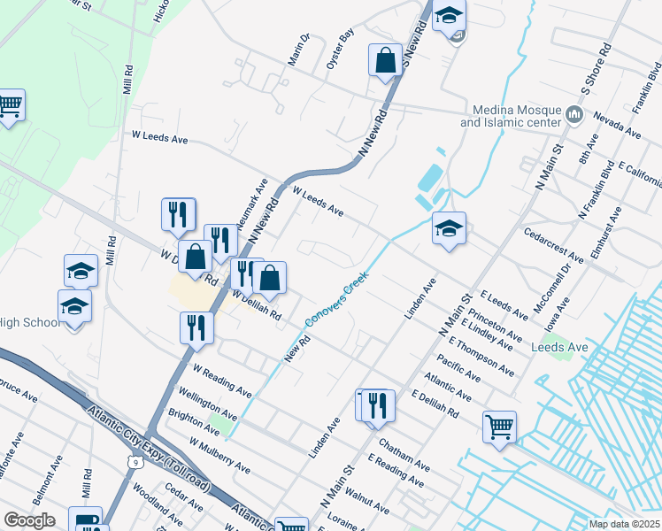 map of restaurants, bars, coffee shops, grocery stores, and more near 225 West Leeds Avenue in Pleasantville