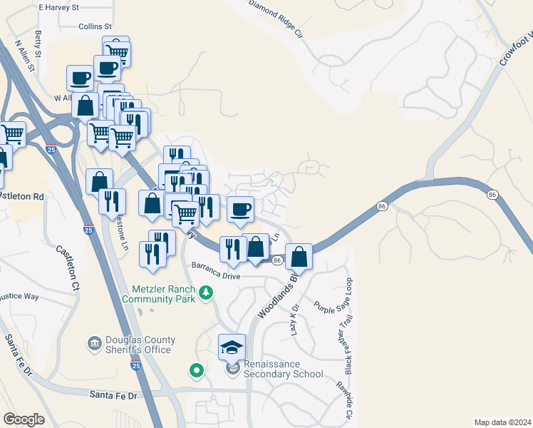 map of restaurants, bars, coffee shops, grocery stores, and more near 768 Stony Mesa Place in Castle Rock