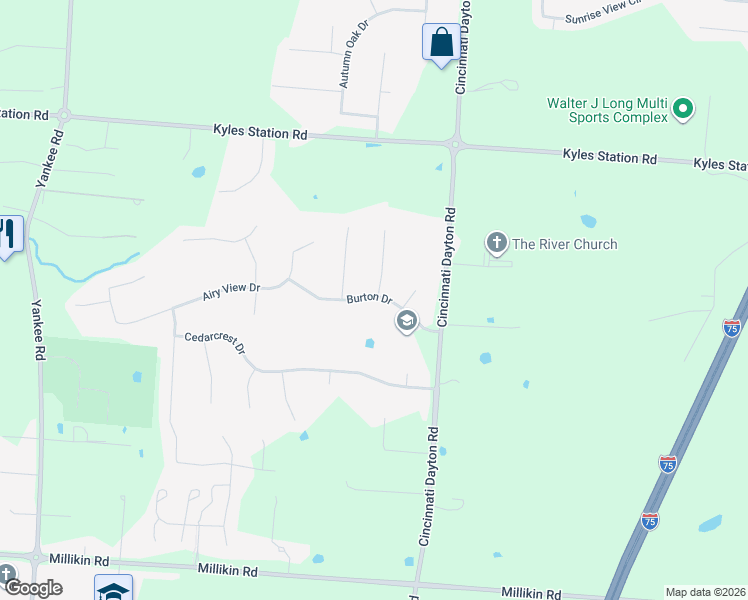 map of restaurants, bars, coffee shops, grocery stores, and more near 7487 Burton Drive in Butler County
