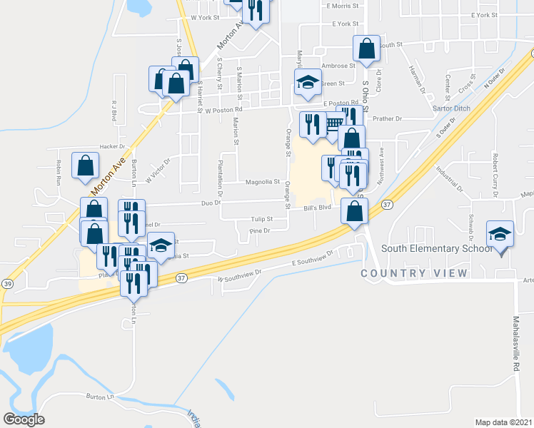 map of restaurants, bars, coffee shops, grocery stores, and more near 80 Tulip Street in Martinsville