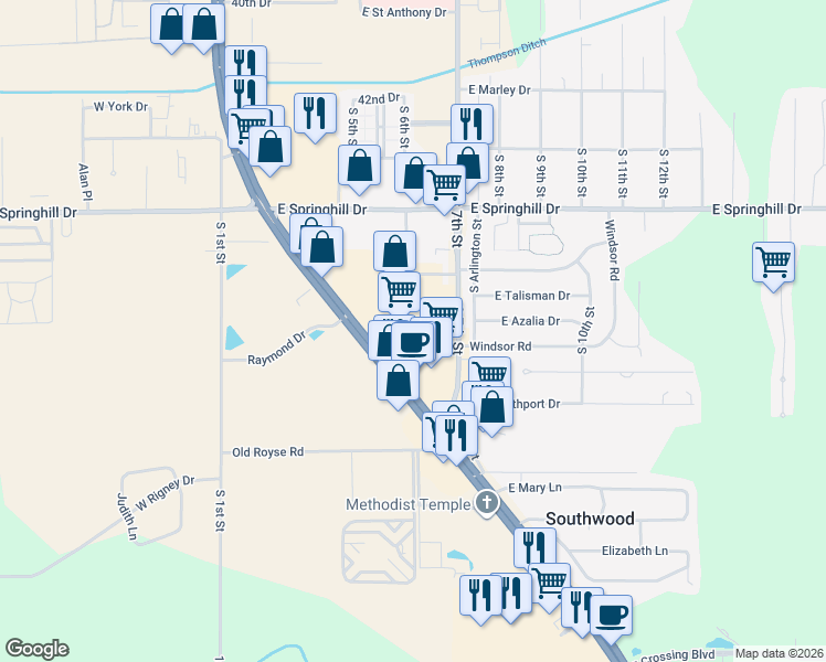 map of restaurants, bars, coffee shops, grocery stores, and more near 4714 South US Highway 41 in Terre Haute