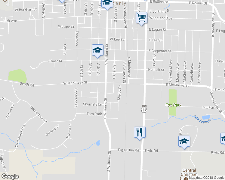 map of restaurants, bars, coffee shops, grocery stores, and more near 917 South Clark Street in Moberly