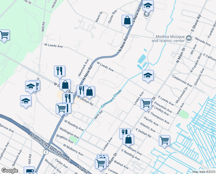 map of restaurants, bars, coffee shops, grocery stores, and more near 225 West Leeds Avenue in Pleasantville