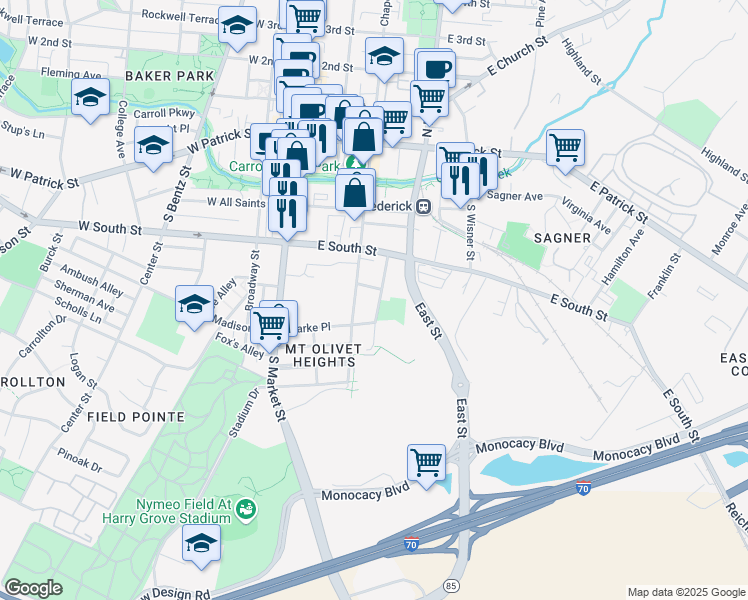 map of restaurants, bars, coffee shops, grocery stores, and more near 37 Winchester Street in Frederick