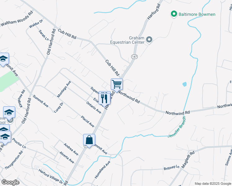 map of restaurants, bars, coffee shops, grocery stores, and more near 10023 Harford Road in Parkville